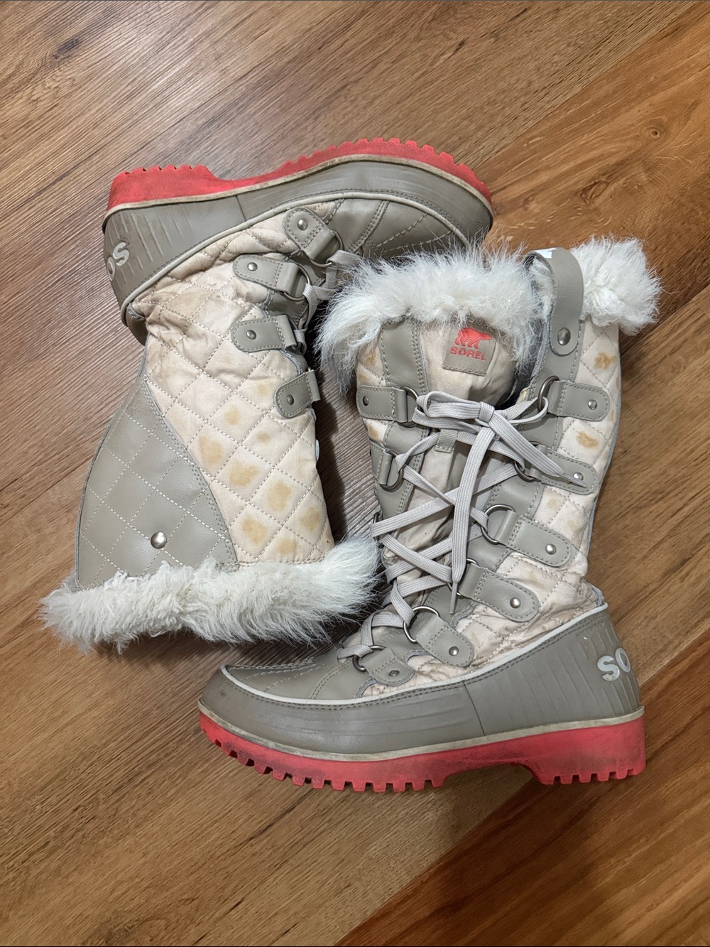 Sorel Lace-Up Winter Boot with Faux Fur Collar in Cream and Coral